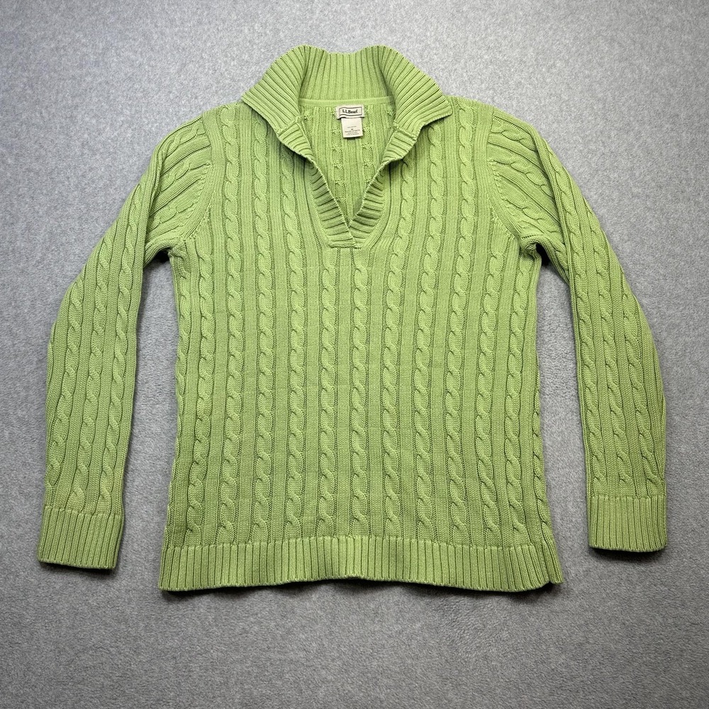 LL Bean Sweater Womens Medium Green Cotton Cable Knit V Neck Pullover Collared